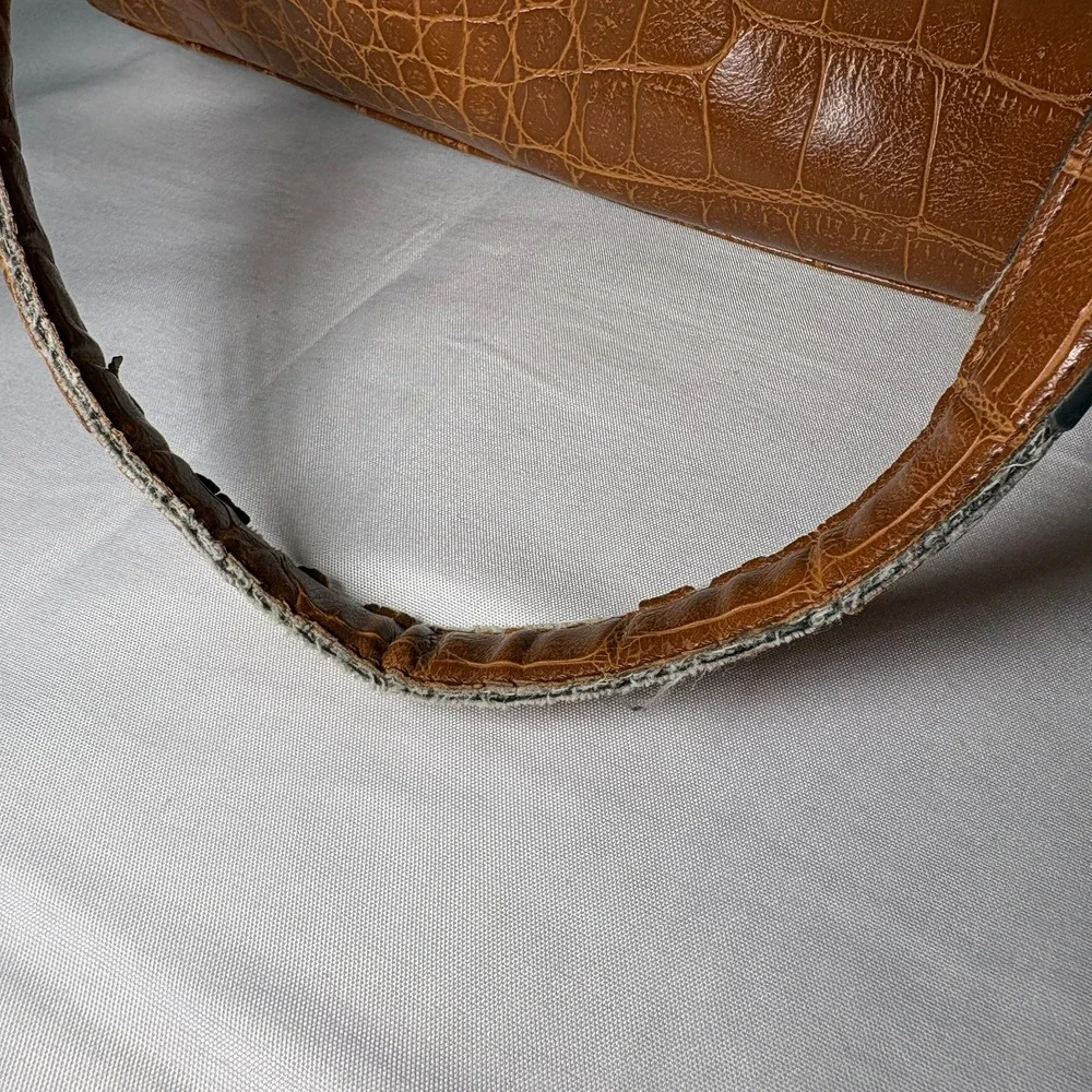 Anne Klein Cognac Brown Croc Embossed Tote‎ Bag Gold Chain Zebra Print Lining
